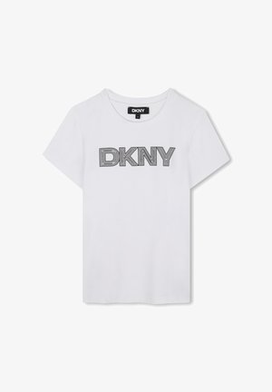 Witte katoenen t-shirt met een gedurfde zwarte "DKNY" logo op de borst, korte mouwen en een casual ronde hals.