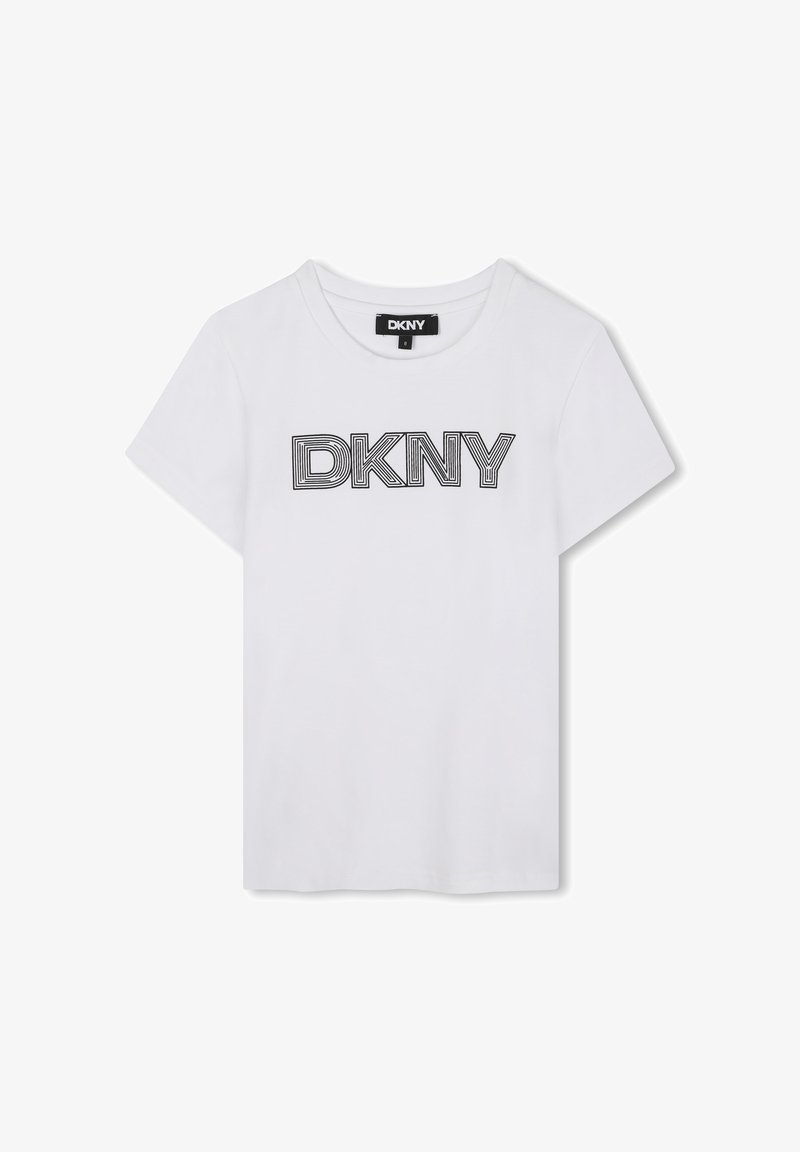 T-shirt en coton blanc avec un grand logo noir "DKNY" sur la poitrine, à manches courtes et design décontracté à col rond.