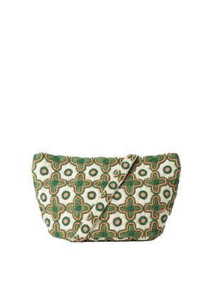 Petit sac à épaule en tissu avec motif brodé floral vert, beige et orange et bandoulière assortie.