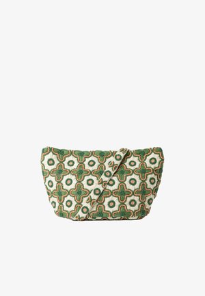 Petit sac à épaule en tissu avec motif brodé floral vert, beige et orange et bandoulière assortie.