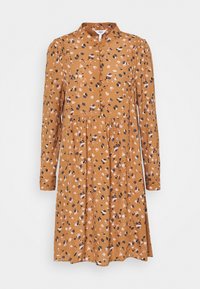 Robe marron avec des motifs floraux multicolores, manches longues, patte de boutonnage, corsage ajusté et jupe évasée. Texture de tissu douce.