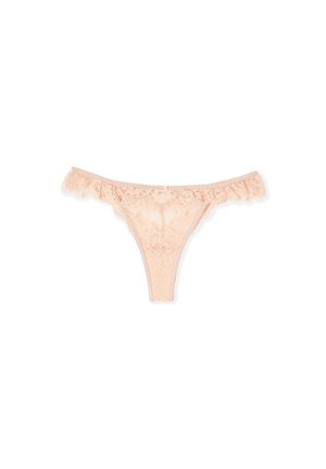 Beiger Spitzen-String mit floralen Mustern und gewellten Kanten, mit einer kleinen zentralen Schleife am Taillenbund.