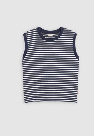 Crop top sans manches à rayures horizontales bleu marine et blanc avec encolure arrondie et bord côtelé aux emmanchures et au col.