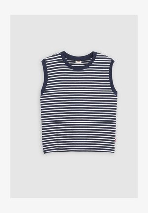 Marineblau-weiß horizontal gestreiftes ärmelloses Crop-Top mit rundem Ausschnitt und geripptem Besatz an den Armlöchern und am Kragen.