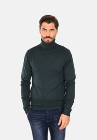 Maglione a collo alto verde scuro in tessuto lavorato a maglia, con polsini e orlo a coste, indossato con jeans in denim blu. Design pulito e semplice.
