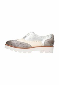 Herrernes oxford-sko med en sølvmetallic overdel, grå teksturering og en hvid chunky sål. Brogue-detaljering langs kanterne.