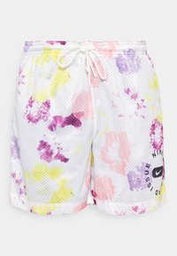 Weißes Mesh-Shorts mit mehrfarbigen abstrakten Spritzmustern in Pink, Gelb und Lila. Verfügt über einen Kordelzugbund und ein Logo.