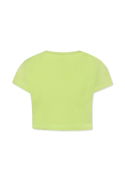T-shirt tagliato in un vivace verde neon. Realizzato in morbido cotone, presenta maniche corte e un colletto rotondo, con una texture liscia e uniforme.