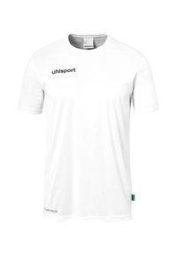 Hvid kortærmet t-shirt lavet af letvægtsmateriale. Har et sort uhlsport-logo på brystet og et grønt mærke i kanten.