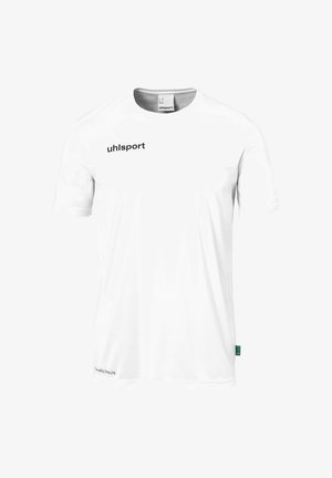 Weißes T-Shirt mit kurzen Ärmeln aus leichtem Material. Verfügt über ein schwarzes uhlsport-Logo auf der Brust und ein grünes Etikett am Saum.