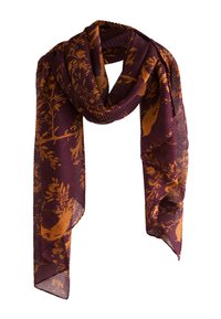 Écharpe violette avec imprimé botanique orange, tissu léger et texturé, forme fluide et design allongé, adaptée pour être drapée ou enroulée.