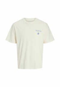 Camiseta de manga corta color crema hecha de algodón, con el texto azul "MYKONOS" y un gráfico circular en la zona izquierda del pecho. Corte relajado.