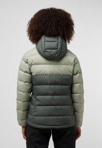 Giacca imbottita con cappuccio, caratterizzata da un design a blocchi di colore verde e verde chiaro, texture trapuntata e chiusura con zip in un fit casual.
