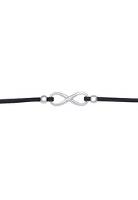 Sølv uendelighedssymbol som midtpunkt på et armbånd af sort snor, der har små sølvperler på hver side. I midten er der en klar sten.