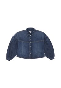 Chemise en denim raccourcie de couleur bleu foncé avec une fermeture à boutons, un col pointu et des manches longues bouffantes. Présente des détails de couture horizontale.