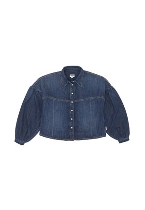 Chemise en denim raccourcie de couleur bleu foncé avec une fermeture à boutons, un col pointu et des manches longues bouffantes. Présente des détails de couture horizontale.