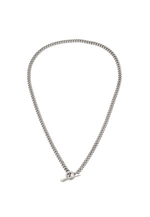 Silver chain necklace with interlocking links, featuring a toggle clasp. Smooth texture, uniform thickness, and minimalist design.