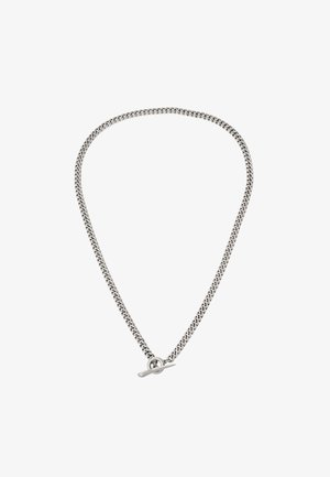 Silver chain necklace with interlocking links, featuring a toggle clasp. Smooth texture, uniform thickness, and minimalist design.