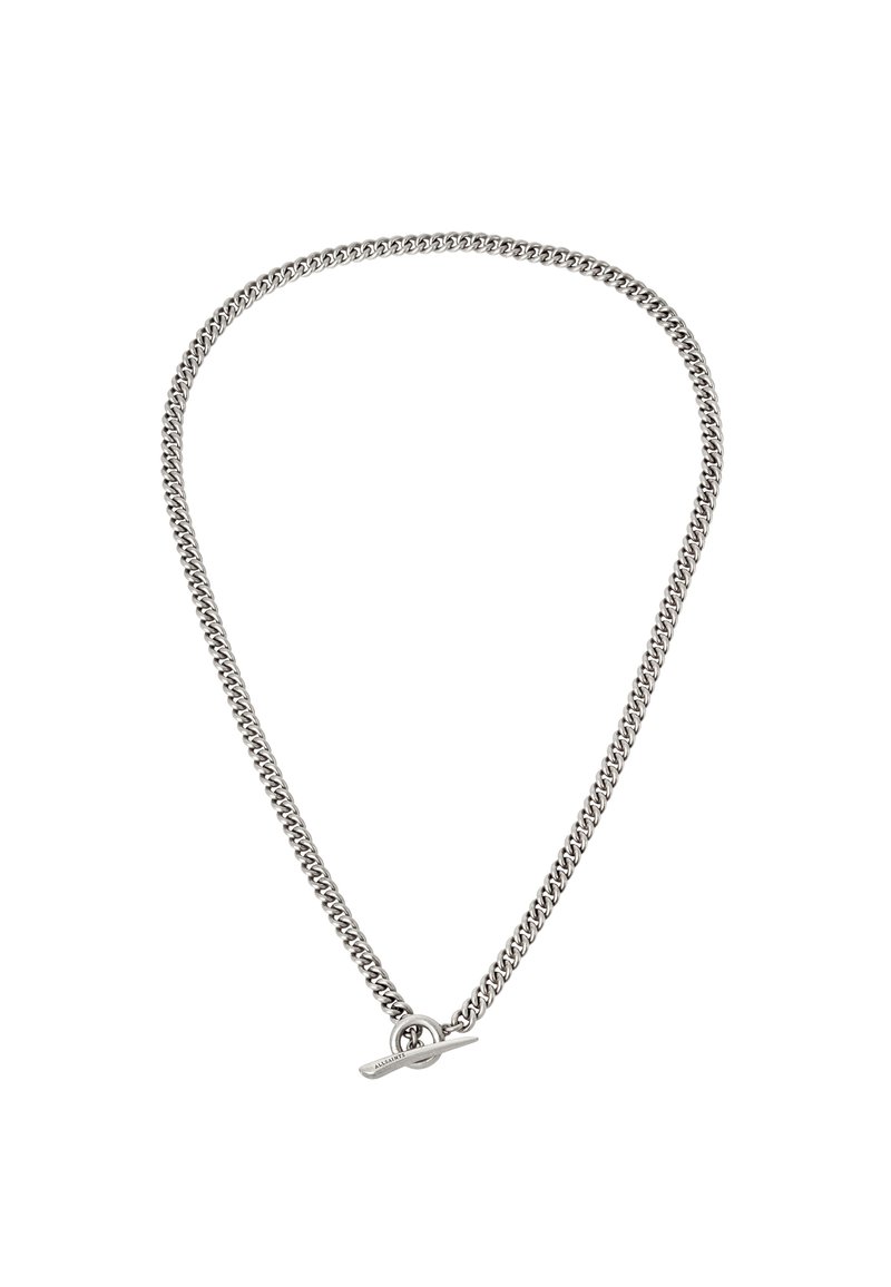 Collana in argento con maglie intrecciate, dotata di chiusura a toggle. Texture liscia, spessore uniforme e design minimalista.