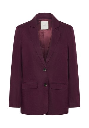 Single-breasted plum-colored blazer with notch lapels, two black buttons, flap pockets, and satin lining.