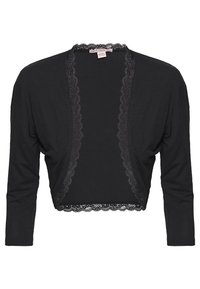 Černý krátký svetr z měkkého materiálu s vroubkovanou krajkovou výšivkou podél otevřeného předního dílu a rukávů. Dlouhé, přiléhavé rukávy.