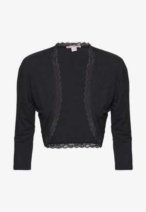 Czarny krótki kardigan wykonany z miękkiego materiału, z koronkową falbanką wzdłuż otwartego przodu i rękawów. Długie, dopasowane rękawy.