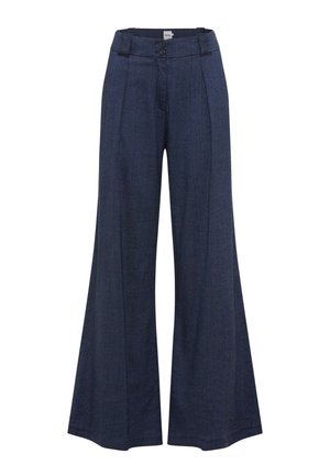 Navyblauwe broek met wijde pijpen, hoge taille, sluiting met knopen aan de voorkant en subtiele verticale naden.