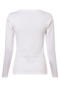 Długi rękaw biały t-shirt z okrągłym dekoltem i gładką bawełnianą fakturą, bez widocznych logo ani wzorów.