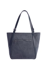 Bolso tote en faux cuero gris oscuro con dos asas, un bolsillo frontal con cremallera y textura suave. Presenta costuras decorativas en los bordes.
