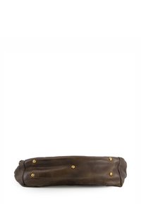 Brown leather bag with a rectangular shape. Features brass studs and a textured surface. Sleek design with no additional embellishments.