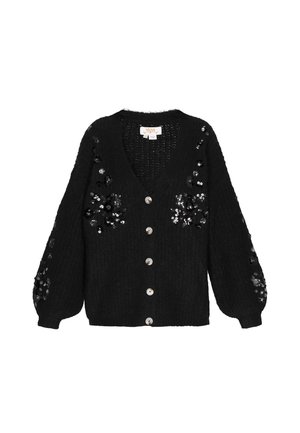 Zwarte gebreide cardigan met een diepe V-hals, lange pofmouwen en paillettenversieringen op de schouders. Vijfknops sluiting aan de voorkant.