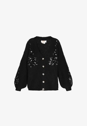 Zwarte gebreide cardigan met een diepe V-hals, lange pofmouwen en paillettenversieringen op de schouders. Vijfknops sluiting aan de voorkant.