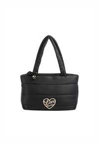 Bolso tote acolchado negro con dos asas, que presenta un logo en forma de corazón dorado "Love Moschino" en la parte frontal y un acabado texturizado.