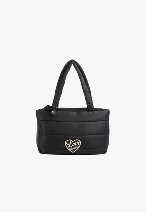 Borsa a tracolla nera imbottita con due manici, con un logo a forma di cuore dorato "Love Moschino" sulla parte anteriore e una finitura testurizzata.