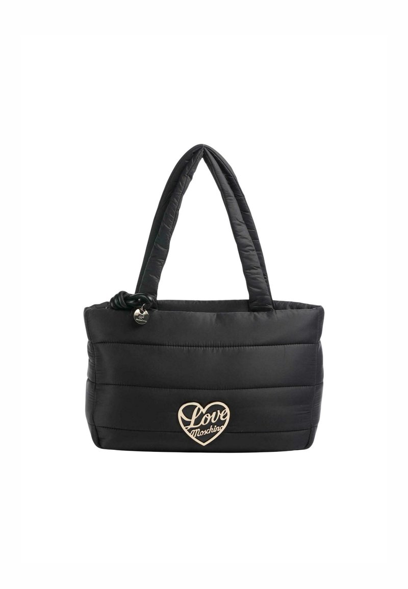 Bolso tote acolchado negro con dos asas, que presenta un logo en forma de corazón dorado "Love Moschino" en la parte frontal y un acabado texturizado.