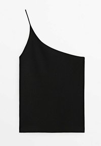 Top nero a spalla unica realizzato in tessuto liscio. Presenta una silhouette aderente con una sottile spallina e orlo dritto. Design minimale.