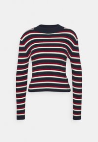 Maglione a coste con maniche lunghe, caratterizzato da strisce orizzontali blu navy, rosse e bianche. Collo a giro e design leggermente accorciato.