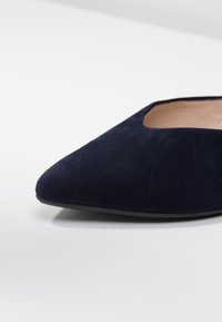 Mørkeblå ruskind flad sko med spids tå, lav udskæring og glat sål. Har en blød tekstur og et slankt silhuet.