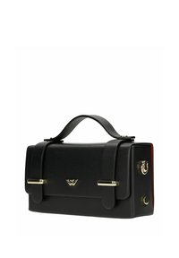 Borsa a tracolla nera rettangolare con un manico singolo, hardware dorato e un piccolo logo metallico al centro anteriore.
