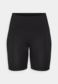 Černé sportovní šortky s vysokým pasem, vyrobené z hladké tkaniny. Mají boční kapsy a přiléhavý design s plochými švy.