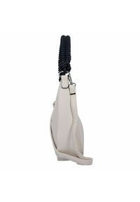 Borsa beige con superficie testurizzata, dotata di una maniglia intrecciata nera e di una tracolla rimovibile. Design sottile ed allungato.