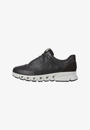 Black leather sneaker with a textured upper, elastic laces, and a white midsole featuring prominent cushioning pods and black rubber outsole.
