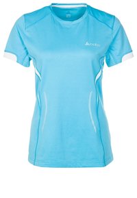 Light blue athletic t-shirt made of breathable fabric, featuring short sleeves, white accents, and curved seams for a streamlined fit.