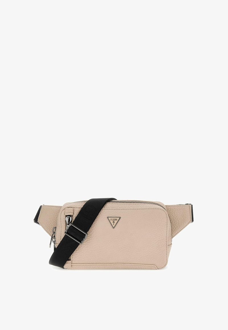 Borsa a tracolla in pelle beige con superficie texture, tracolla nera regolabile, scomparti con cerniera e accento di logo triangolare.