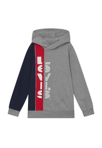 Sudadera con capucha gris con manga izquierda azul marino y una franja vertical roja con texto "Levi's" en blanco en dos tipos de letra diferentes en la parte delantera.