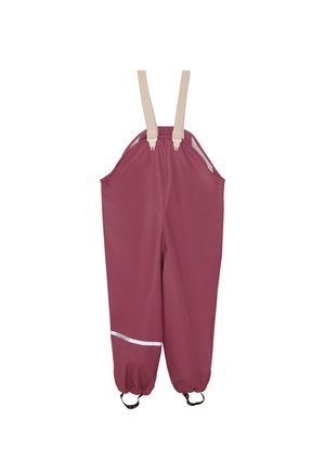 Dziecięce wodoodporne ogrodniczki w kolorze bordowym z beżowymi regulowanymi szelkami, elastycznymi nogawkami i odblaskowym paskiem na jednej nogawce.