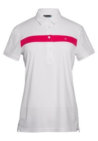Biała koszulka polo z różowym poziomym paskiem na wysokości klatki piersiowej. Posiada kołnierzyk, zapięcie na trzy guziki oraz krótkie rękawy. Miękka w dotyku.