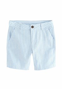 Ljusblå shorts med randigt mönster och en brun knapp, framfickor och platt midja. Tillverkade av texturerad tyg.