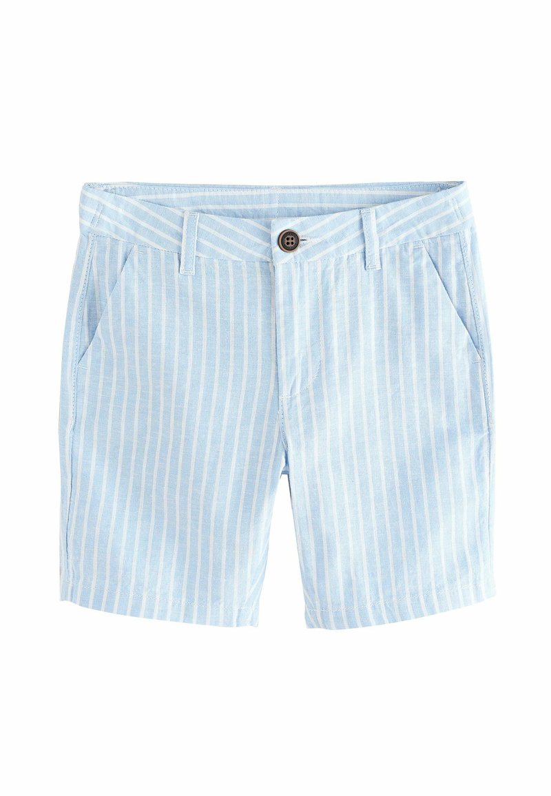 Ljusblå shorts med randigt mönster och en brun knapp, framfickor och platt midja. Tillverkade av texturerad tyg.