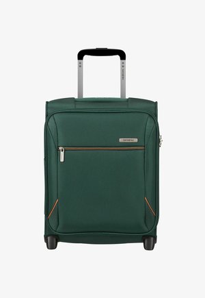 Valigia Samsonite morbida verde con tasca frontale con cerniera, manico telescopico e due ruote per la rotolamento.